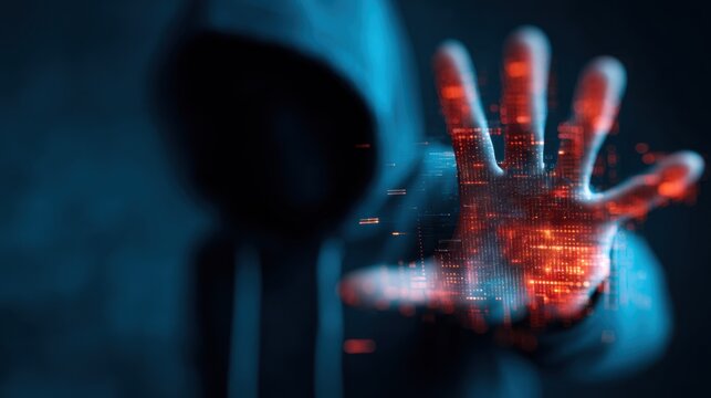 Anonymous hooded figure extending a hand with digital data overlay dark background