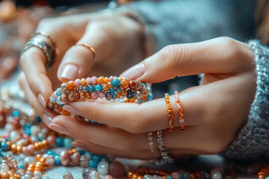 close-up of hands gently holding colorful beaded bracelets and rings above scattered beads, cozy sweater sleeve evoking calm, tactile appreciation and delicate craftsmanship