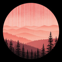 Illustration of a pink mountain range with pine trees in the foreground and white lines in the sky