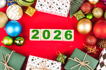 Happy New Year 2026, Christmas 2026, Christmas gifts placed in a festive atmosphere 