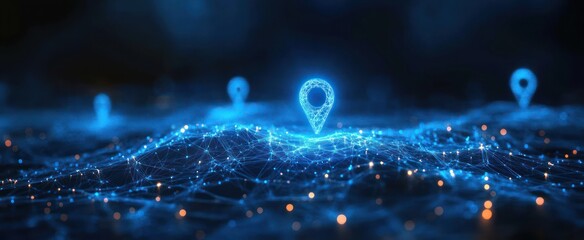 glowing blue wireframe landscape with floating location pins and glowing nodes evoking futuristic connectivity, navigation and discovery