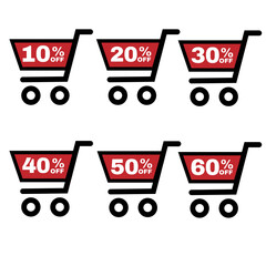 Percent-off sticker set (10%–60%) in a shopping cart, ideal for promo graphics, ads, and discount visuals.
