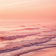 Pink hued ocean waves gently rolling towards the shore under a soft and dreamy pastel sky horizon