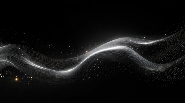 Flowing white dotted mesh wave across a dark starry background, an elegant serene futuristic ribbon of glowing particles in motion
