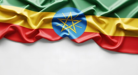 Ethiopian flag waving with a white background, showing the national emblem in detail.