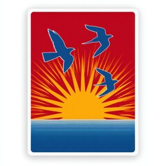 Three blue silhouette birds flying over a stylized sun rising above blue striped ocean waves