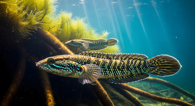 A pair of striped Northern Snakehead fish swimming gracefully underwater.