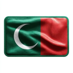 Rectangular flag with green and red fields white crescent moon emblem and stitched border