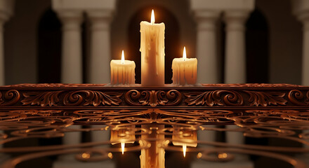 Three lit candles on a reflective surface in a grand hall