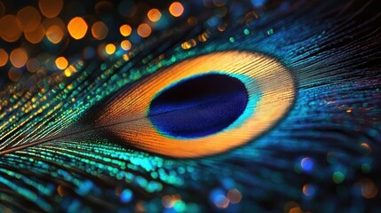Macro close-up of a peacock feather eye with iridescent blue, green and gold barbs, shimmering bokeh lights and delicate texture, conveying elegant mesmerizing beauty