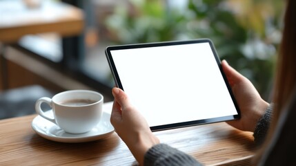 Person holding blank screen tablet next to coffee cup on wooden table technology