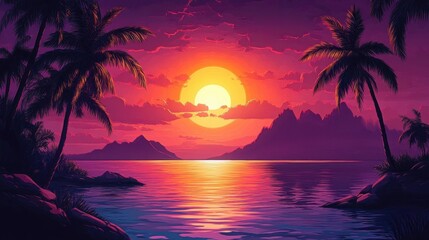 Tropical sunset with silhouetted palm trees on rocky shore, calm reflective ocean and distant jagged islands under a vibrant pink and orange sky evoking serene wonder