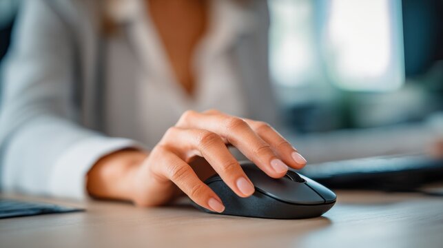 Close up of a person's hand using a computer mouse on a desk Technology