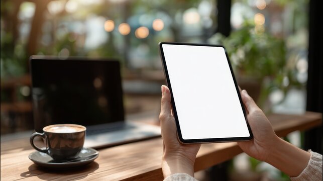 Person holding a tablet with a blank white screen next to a laptop and coffee cup