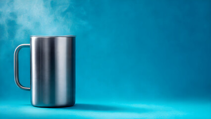 Steaming metallic mug releases comforting warmth against a vibrant blue backdrop, perfect for cozy moments and outdoor adventures.