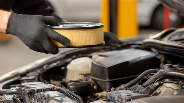 Car mechanic replacing round engine air filter with gloved hands workshop service bay, focused hands maintenance and routine car air filter