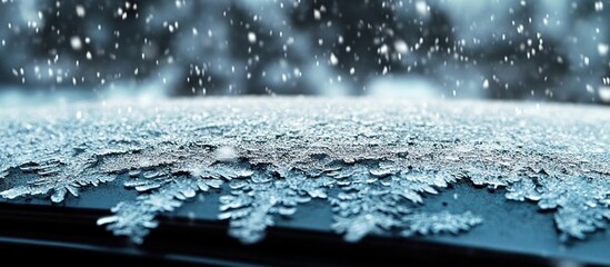 Close-up of delicate frost crystals on a car windshield as gentle snow falls, creating a cold, serene, glistening winter atmosphere