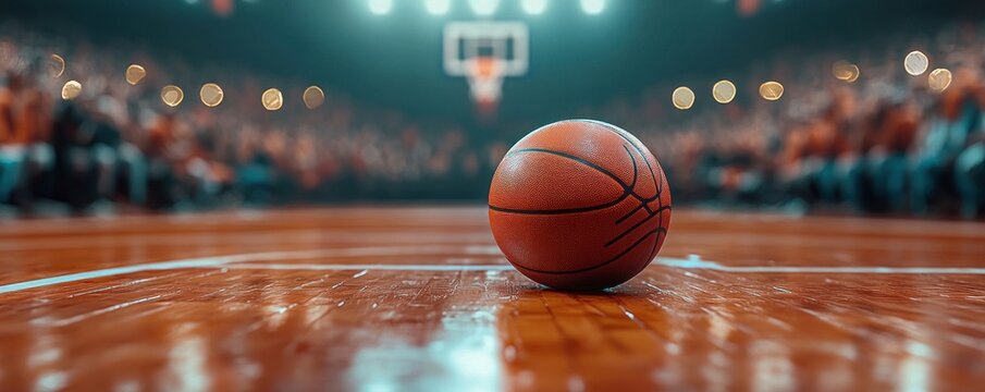 Close-up of basketball resting on polished hardwood court with blurred crowd, hoop and arena lights in background, evoking anticipation and excitement