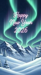 Happy New Year 2026.Happy new year 2026 with aurora borealis over snowy mountains isolated on transparent background