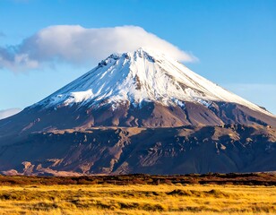 Fototapeta premium A snow-capped mountain dominates the landscape under a blue sky