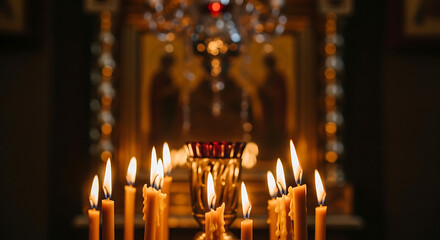 Burning candles in front of an orthodox icon in a dimly lit church