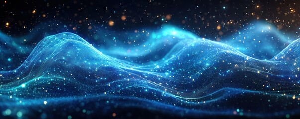 glowing blue particle waves forming a mesh-like undulating landscape with golden sparkles and a luminous cosmic atmosphere, serene and futuristic
