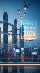 Happy New Year 2026.Futuristic cityscape with drones and happy new year 2026 message isolated on transparent background