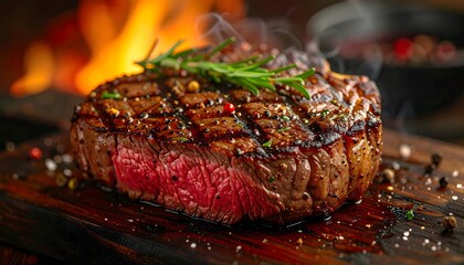 Close up of a thick, perfectly seared beef steak seasoned with pepper and herbs. BBQ concept with a warm, smoky atmosphere and flames in the blurred background