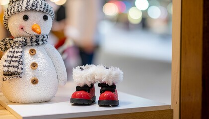 The Tiny Snow Boots. A snowman looking into a children's shoe store. The window display features a single pair of tiny adorable red winter snow boots lined with fluffy white fur.
