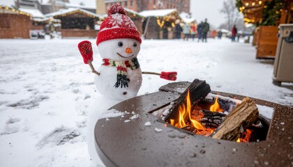 Warming Hands at a Fire Pit. A photorealistic cinematic shot of a cozy corner in a Christmas market. A small snowman is standing next to a rustic (safe) fire pit (brazier) with a warm glowing fire.
