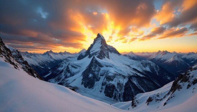 Golden hour sunset illuminating a snow covered mountain summit, casting long shadows across the rugged terrain. A snow capped mountain summit bathed in the warm, golden light of sunset. Long shadows - Powered by Adobe