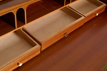 Mid-century roll top writing desk open cubbies drawer compartments wood