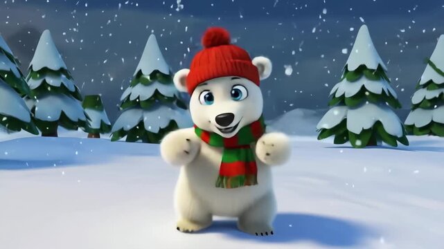 Dancing Christmas Winter Polar Bear Wearing a Hat and Scarf in the Snow