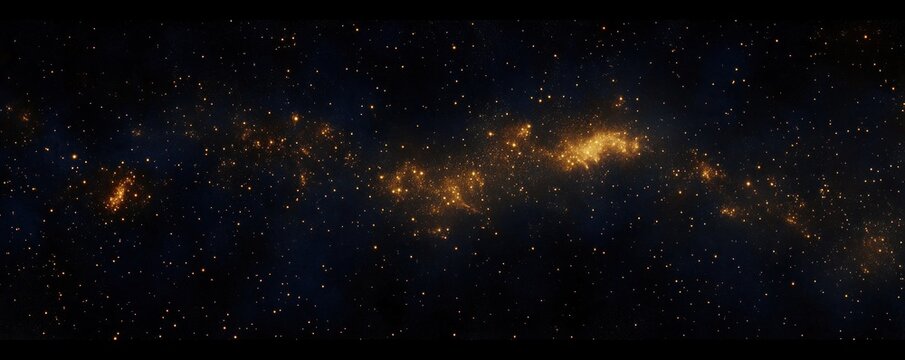Panoramic deep space starfield with glowing golden nebula and scattered stars evoking awe and cosmic wonder