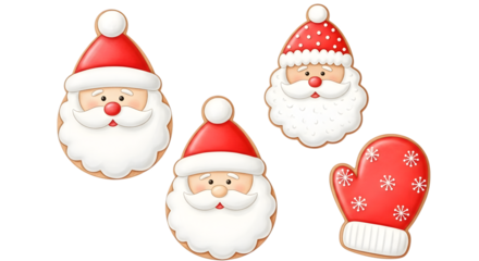 Christmas cookies shaped like santa claus faces and a mitten