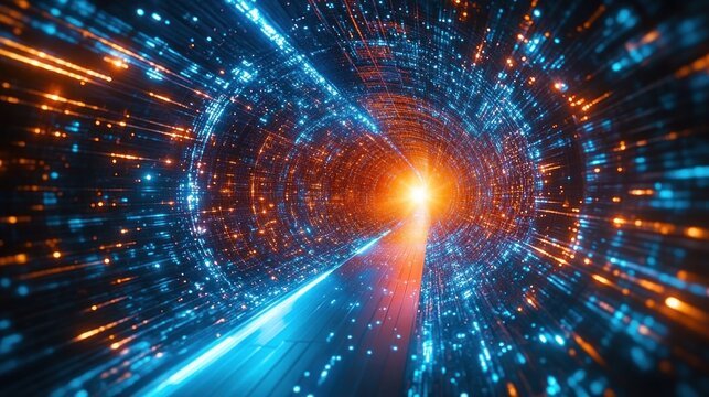 futuristic glowing data tunnel of blue and orange light streaks converging to a bright radiant center, conveying speed, motion and exhilaration - Powered by Adobe