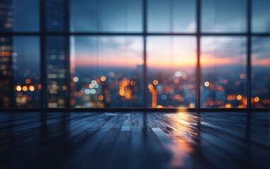 Business, blurred and empty office window with skyline, city and workplace with opportunity. Cityscape, interior and lobby in urban building with sunset, lights and night sky in professional space