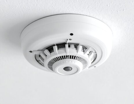 Overhead shot reveals a white, circular device mounted to the ceiling. It features a vented center and a small sensor eye, appearing clean and modern