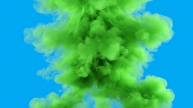 Isolated burst of toxic bright green gas vapor dissolving and disappearing on a clean chroma key background plate for easy compositing volumetric, hazard, experiment