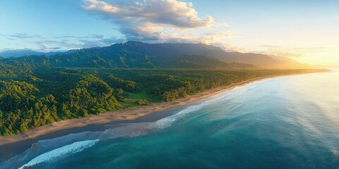 Aerial view of a golden sunrise over a tranquil turquoise ocean, long crescent sandy beach and lush tropical forest beneath misty mountains, serene and awe-inspiring coastal scene