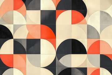 abstract geometric tile mural of overlapping semi-circles and quarter-circles within square panels in cream, coral, gray and black, evoking a balanced playful mood
