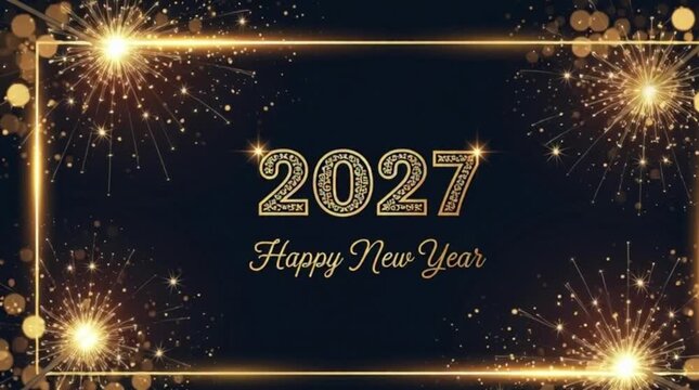 Golden Happy New Year 2027 text with shimmering fireworks and a glowing frame against a dark festive backdrop.
