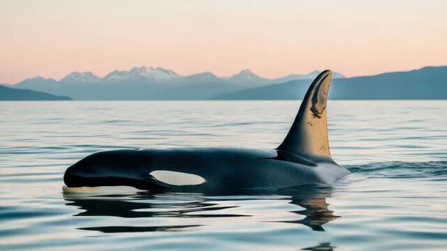 Majestic killer whale swimming in the calm ocean during a beautiful sunset. Sequence of an orca surfacing with a scenic mountain range and serene arctic landscape in the background