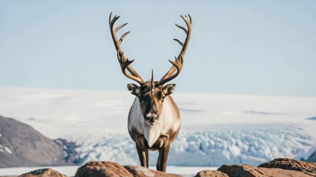 Wild reindeer with large antlers looks at the camera in a vast arctic landscape. Panoramic banner format with a stunning glacier and snowy mountain background for nature themes