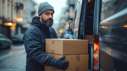 Delivery worker in winter coat and beanie carrying stacked cardboard boxes into a van on a city street, focused and determined in cold evening light