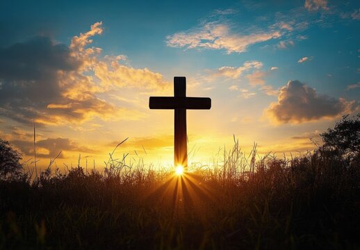 Wooden cross silhouetted in a grassy field at sunrise with golden sunburst and peaceful sky evoking hope and serenity