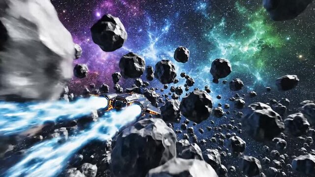 Spaceship dashes through cosmic asteroid field