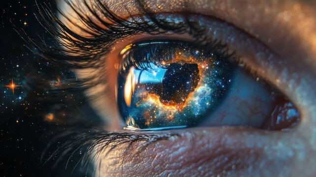 close-up human eye reflecting a fiery blue and orange galaxy nebula in the pupil, detailed eyelashes and skin texture, conveying wonder, awe and cosmic curiosity - Powered by Adobe