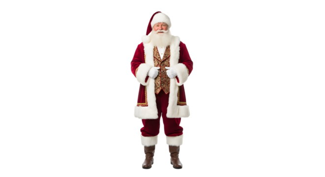 Full body shot of santa claus in a festive red suit with white trim, standing and looking forward