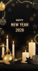 Happy New Year 2026.Elegant happy new year 2026 celebration with glowing candles and festive ornaments isolated on transparent background